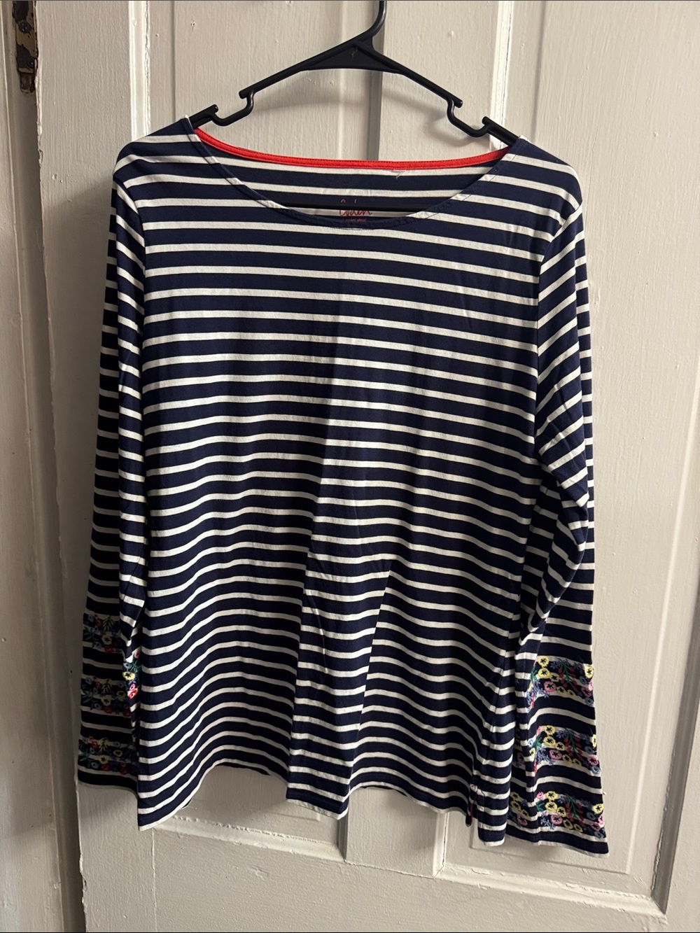 Boden Navy and White Striped Long-Sleeve Top with Floral Cuffs